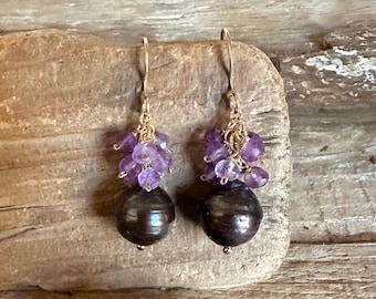 Amethyst gemstone and freshwater pearl gold handmade dangle earrings
