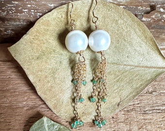 Freshwater pearl and emerald gemstone gold dangle earrings