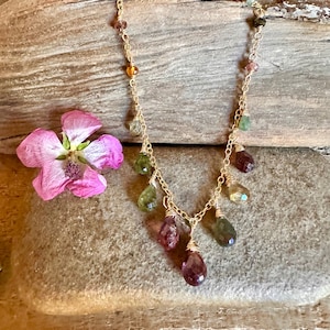 Sapphire and tourmaline gemstone gold handmade necklace
