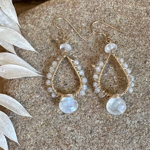 Moonstone gemstone gold handmade hoop earrings