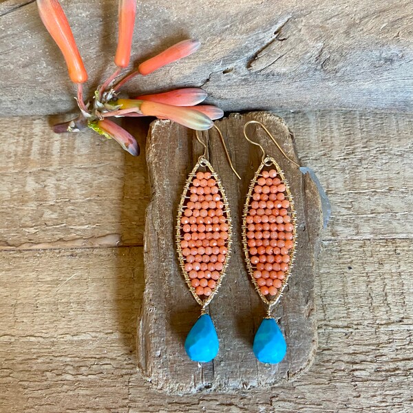 Turquoise and coral gemstone gold hoop earrings