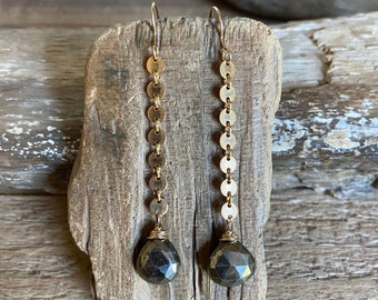Pyrite gemstone gold dangle earrings