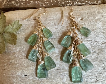 Green kyanite gemstone gold handmade dangle earrings