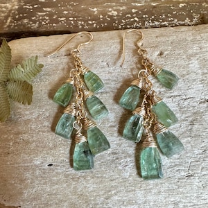 Green kyanite gemstone gold handmade dangle earrings