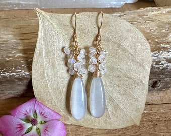 Moonstone gemstone gold dangle earrings