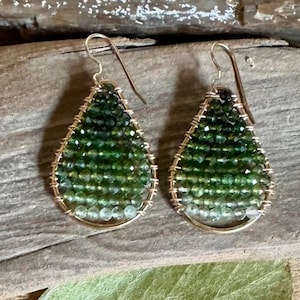 Green tourmaline gemstone gold ombre style handmade hoop earrings