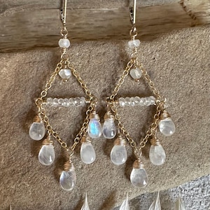Moonstone gemstone gold handmade chandelier earrings