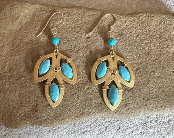 Boucles D'oreilles Goutte Turquoise Fait-main - Pendantes En Laiton, Crochet, Neuf Sans Emballage