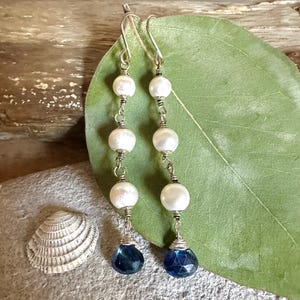 Freshwater pearl and kyanite gemstone sterling silver handmade dangle earrings