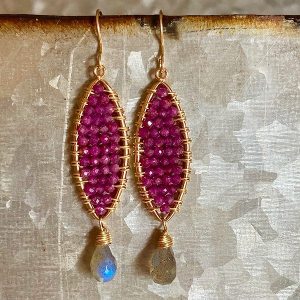 Ruby and labradorite gemstone gold hoop earrings