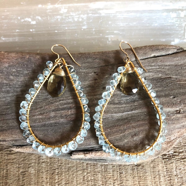 Citrine and aquamarine gemstone gold hoop earrings