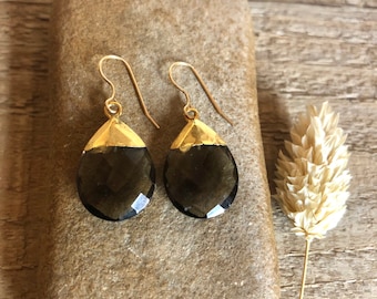 Smoky quartz gemstone gold dangle earrings