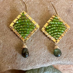 Chrome diopside and green tourmaline gold dangle earrings