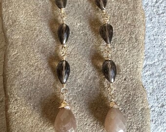 Smoky Quartz and chocolate moonstone gemstone gold handmade dangle earrings