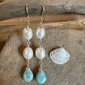 Freshwater pearl and Larima gemstone gold handmade dangle earrings