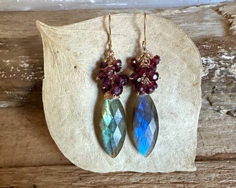 Labradorite and garnet gemstone gold dangle earrings