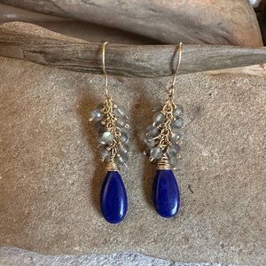 Lapis and labradorite gemstone gold handmade dangle earrings