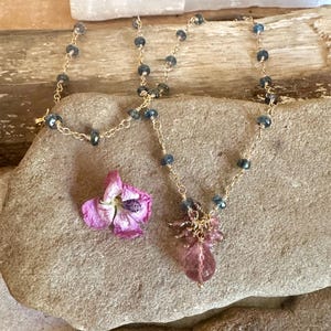 Kyanite and pink tourmaline gemstone gold handmade pendant necklace