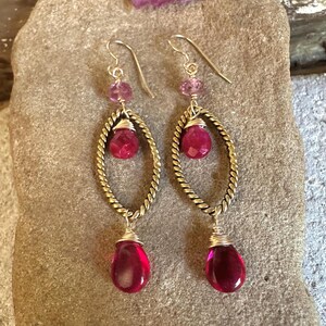 Pink tourmaline and rubellite gemstone gold handmade dangle earrings