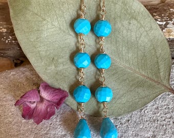 Turquoise genstone gold handmade dangle earrings
