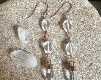 Quartz crystal gemstone rose gold spike handmade dangle earrings