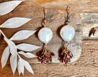 Pink tourmaline and freshwater coin shaped pearl gold dangle earrings