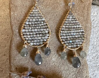 Labradorite gemstone gold handmade teardrop hoop earrings
