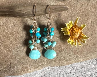 Turquoise gemstone gold handmade dangle earrings
