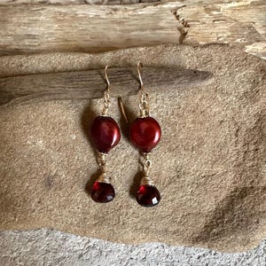 Garnet gemstone and freshwater pearls gold handmade dangle earrings