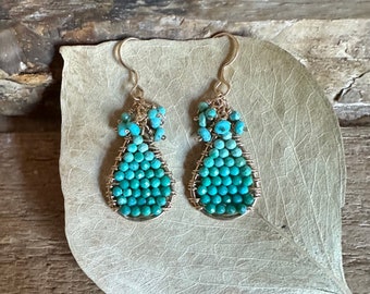 Turquoise gemstone gold handmade teardrop hoop earrings