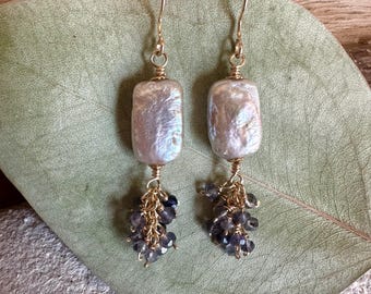 Freshwater Pearl and iolite gemstone gold handmade dangle earrings