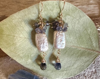 Freshwater Pearl and iolite gemstone gold handmade dangle earrings