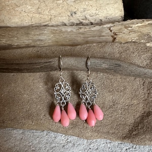 Coral gemstone silver dangle earrings