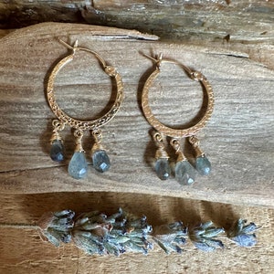 Labradorite gemstone gold hoop earrings