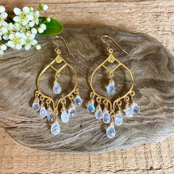 Moonstone gemstone gold chandelier earrings
