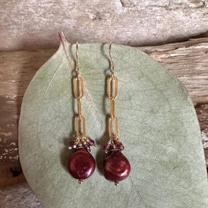 Freshwater Pearl and garnet gemstone gold handmade dangle earrings