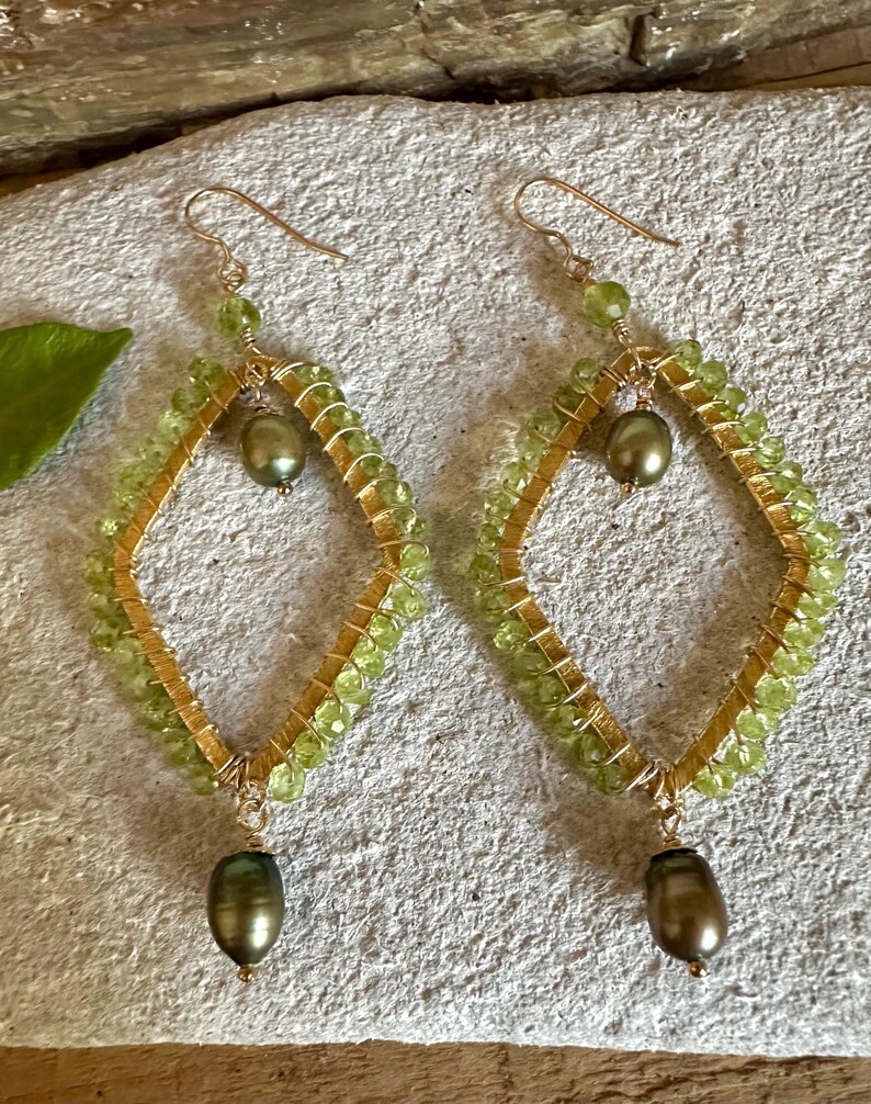 Peridot Gemstone and Freshwater Pearl Gold Handmade Hoop Earrings Etsy