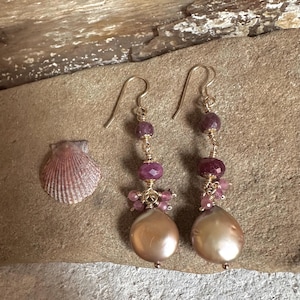 Freshwater pearl and ruby gemstone gold handmade dangle earrings
