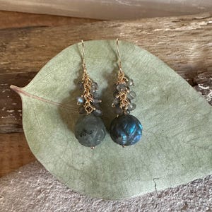 Carved labradorite gemstone gold handmade dangle earrings
