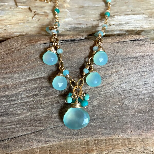 Chalcedony and turquoise gemstone gold necklace