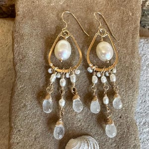 Moonstone gemstone and freshwater pearl gold chandelier earrings