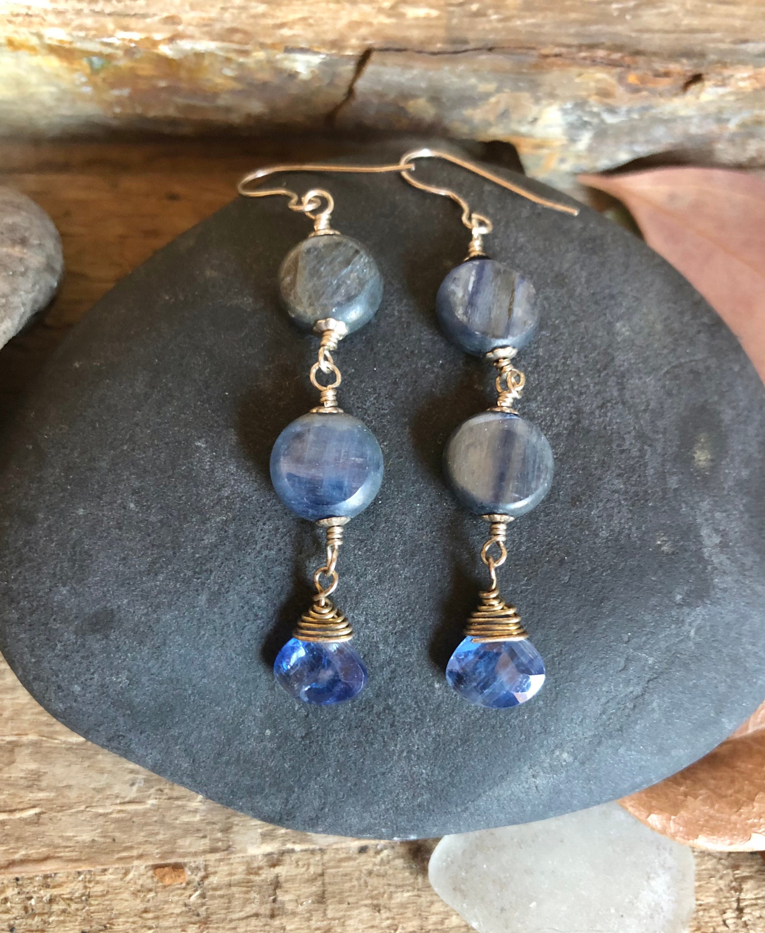 Kyanite gemstone silver dangle earrings | Etsy