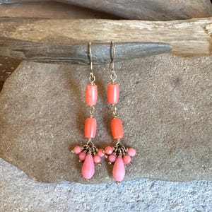 Pink coral gemstone gold handmade dangle earrings