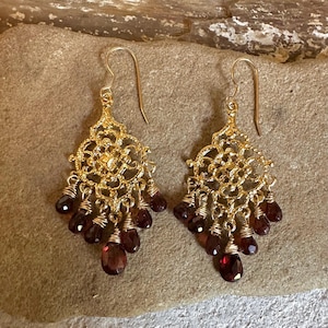 Garnet gemstone gold handmade chandelier earrings