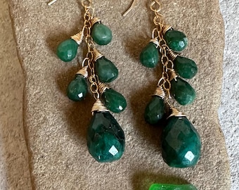 Aventurine and emerald gemstone gold handmade dangle earrings