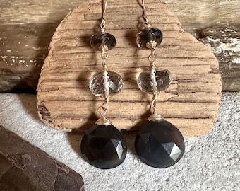 Smoky quartz gemstone gold handmade dangle earrings