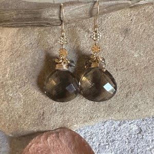 Smoky quartz gemstone gold handmade dangle earrings
