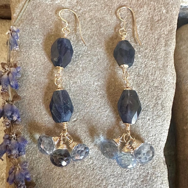 Iolite gemstone gold handmade dangle earrings