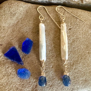 freshwater pearl and kyanite gemstone gold dangle earrings