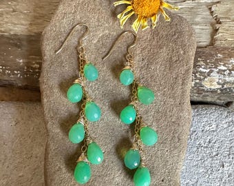 Chrysopase gemstone gold handmade dangle earrings